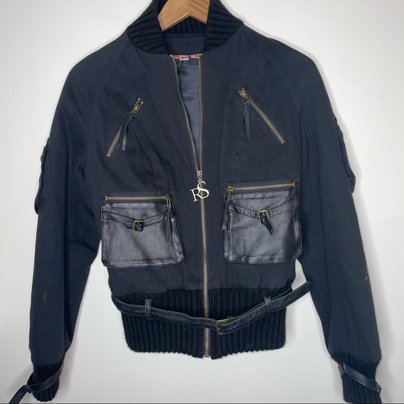 Roberta Scarpa Cotton Leather Moto Bomber Jacket Black Size 6 Italy - Picture 10 of 14